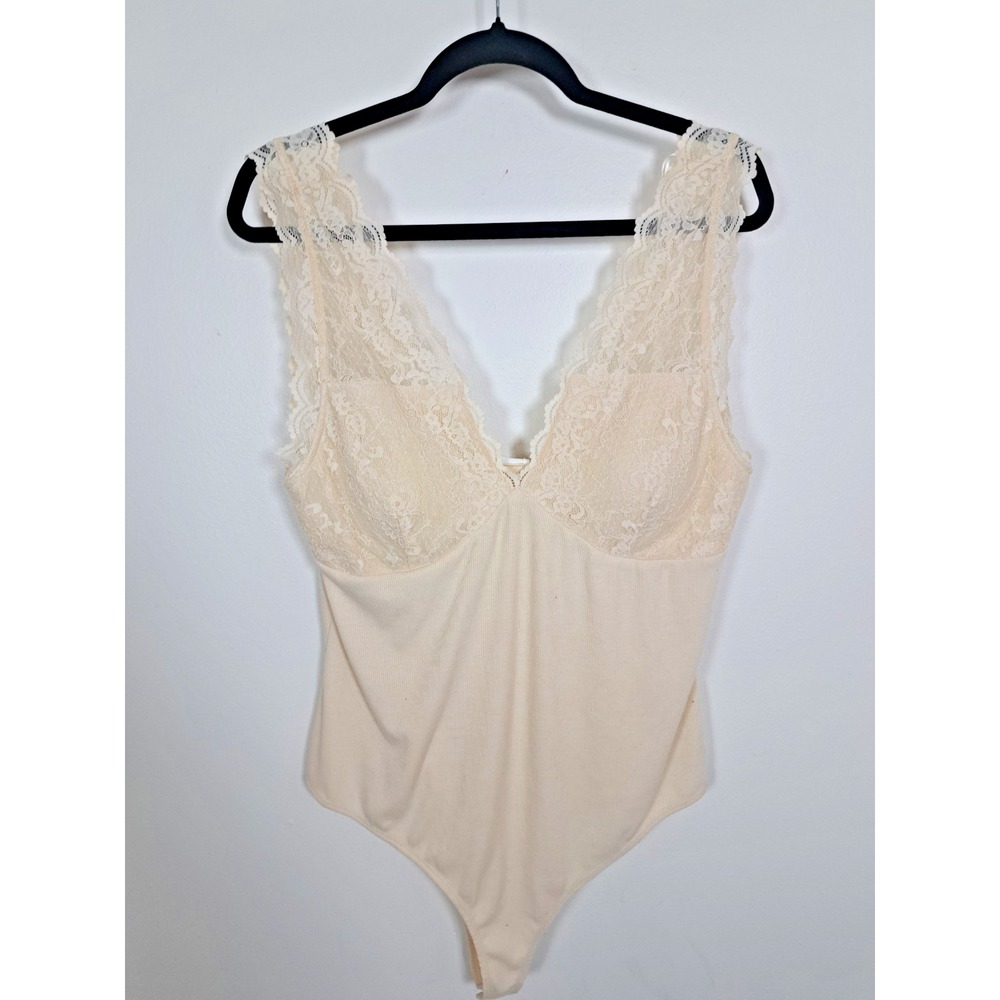 Heyson Bodysuit Plus Size 1X Ivory Lace Trim Ribbed